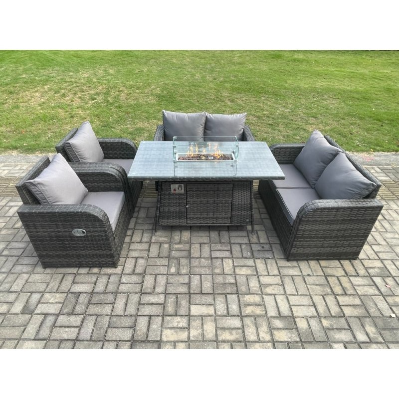 Fimous Rattan Outdoor Garden Furniture Sofa Set Gas Fire Pit Dining Table Gas Heater with Love Sofa Recling Chair 6 Seater Dark Grey Mixed