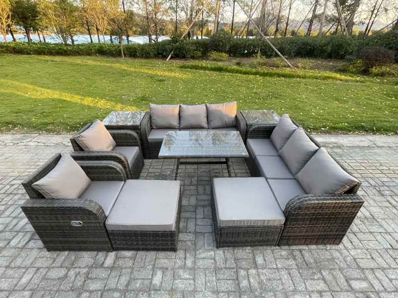 Fimous Outdoor Lounge Sofa Set Wicker PE Rattan Garden Furniture Set with Rectangular Dining Table 2 Side Tables 2 Big Footstool Dark Grey Mixed