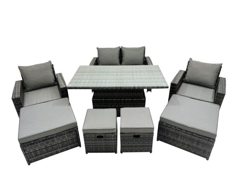 Fimous Outdoor Love Sofa Set 8 Seat Rattan Garden Furniture Set with Adjustable Lifting Dining or Coffee Table 4 Stools Dark Grey Mixed