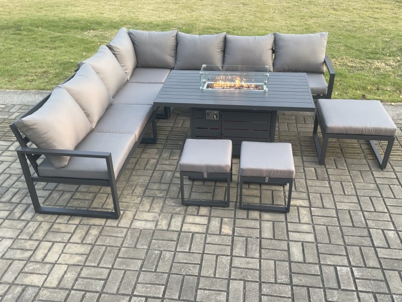 Fimous Aluminium Lounge Corner Sofa Outdoor Garden Furniture Sets Gas Fire Pit Dining Table Set with 3 Footstools Dark Grey