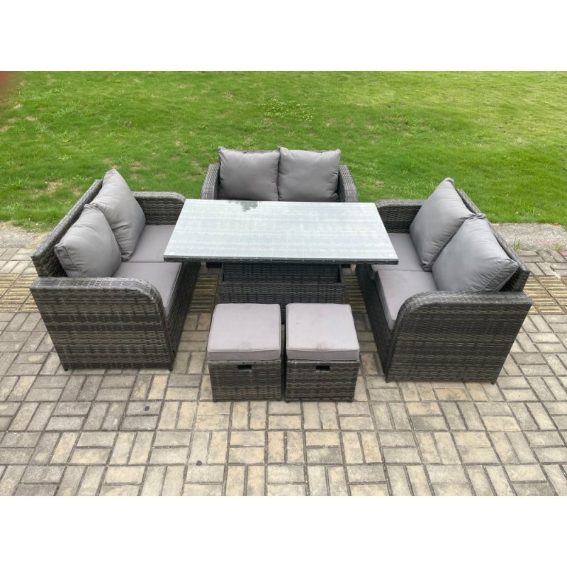 Fimous Rattan Garden Outdoor Furniture 3 PC Love Sofa Set Patio Adjustable Rising lifting Dining Table With 2 Small Footstools