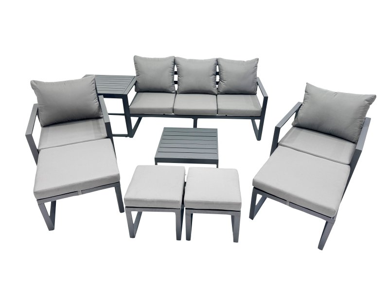 Fimous Outdoor Garden Furniture Set Aluminium Lounge Sofa Square Coffee Table Sets with 4 Stools Side Table Dark Grey