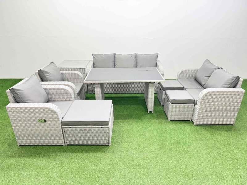 Fimous 10 Seater Garden Furniture Set PE Ratten Garden Sofa Set with Rectangular Dining Table 3 Stool Side Table Light Grey