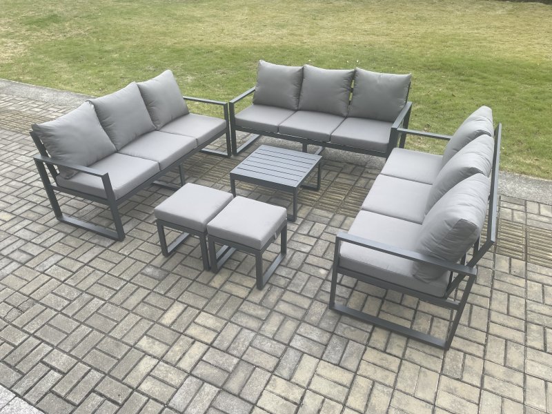 Fimous Aluminium 11 Seater Outdoor Garden Furniture Set Patio Lounge Sofa with Square Coffee Table 2 Small Footstools Conservatory Set Dark Grey