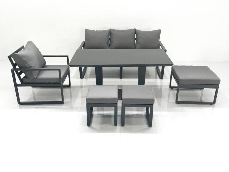 Fimous Outdoor Aluminium Garden Furniture Set with Adjustable Rising Lifting Dining Table 3 Seater Sofa Chair 3 Footstools Dark Grey