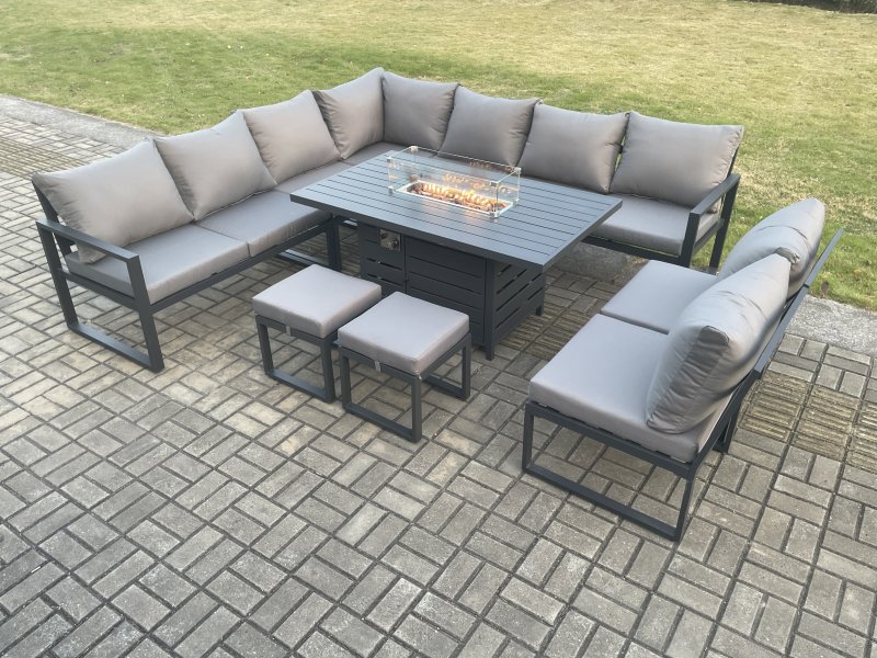 Fimous Aluminium 11 Seater Lounge Corner Sofa Outdoor Garden Furniture Sets Gas Fire Pit Dining Table Set with 2 Small Footstools Dark Grey
