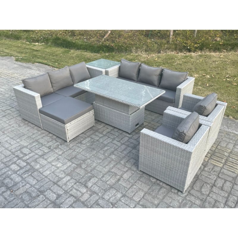 Fimous Rattan Garden Funiture Set Adjustable Rising Lifting Table Sofa Dining Set Lounge Chair Side Table Footstool