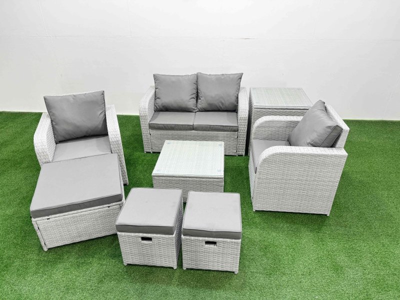 Fimous Light Grey PE Wicker Rattan Garden Furniture Set Sofa Set Reclining Adjustable Chair Square Coffee Table 7 Seater 3 Stools Side Table