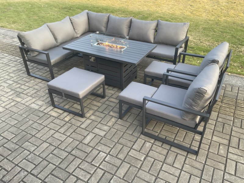 Fimous Aluminium 10 Pieces Garden Furniture Corner Sofa Set with Cushions Gas Fire Pit Dining Table Set with 2 Chairs 3 Footstools Dark Grey