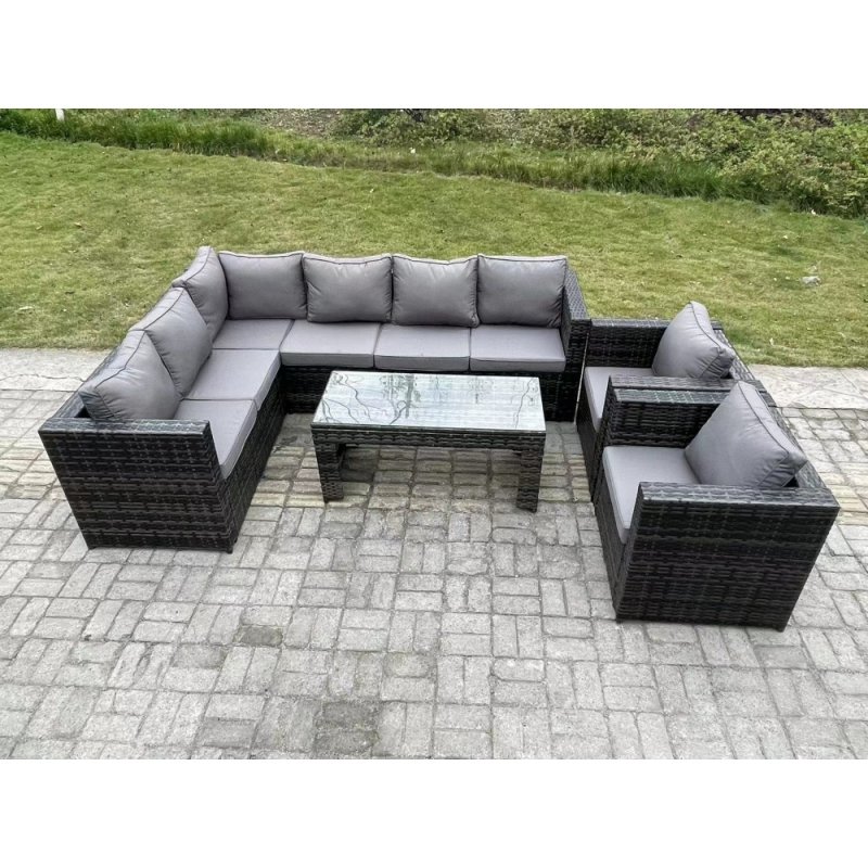 Fimous 8 Seater Rattan Corner Sofa Lounge Sofa Set With Rectangular Coffee Table 2 Arm Chair Dark Grey Mixed Left Hand