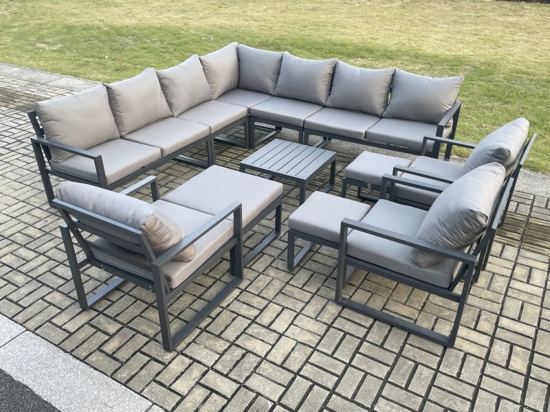 Fimous 13 Seater Outdoor Garden Furniture Set Aluminium Lounge Corner Sofa Square Coffee Table 3 Pcs Chair Sets with 3 Footstools Dark Grey