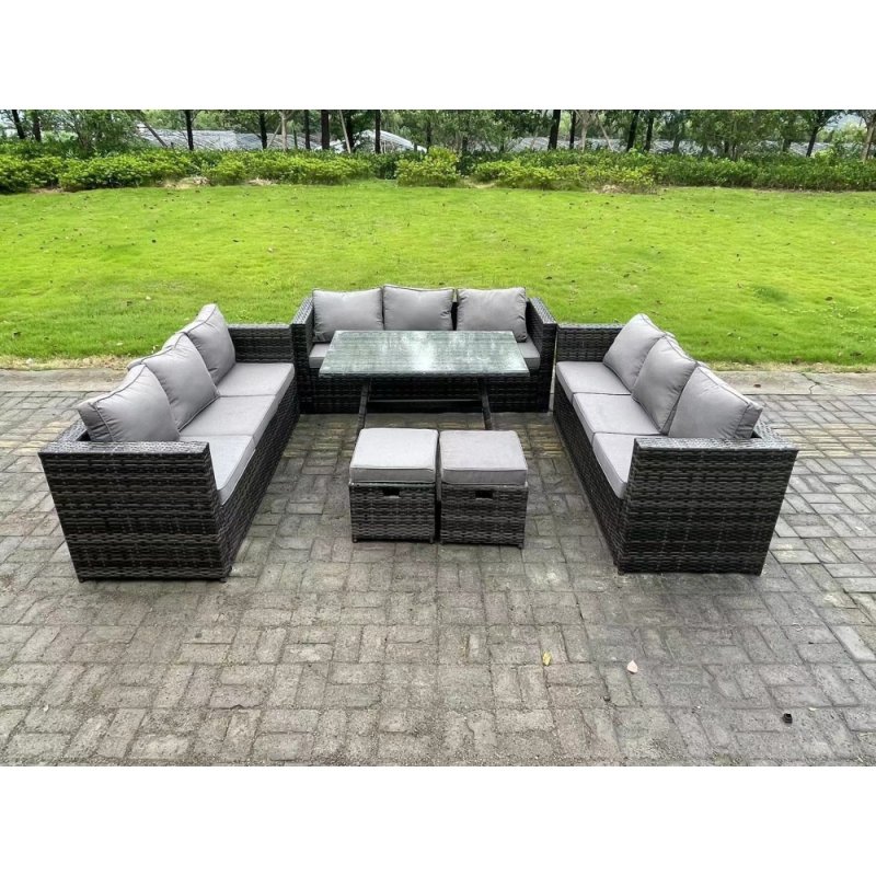 Fimous 11 Seater Rattan Outdoor Furniture Sofa Garden Dining Set with Patio Dining Table 2 Small Footstools Dark Grey Mixed