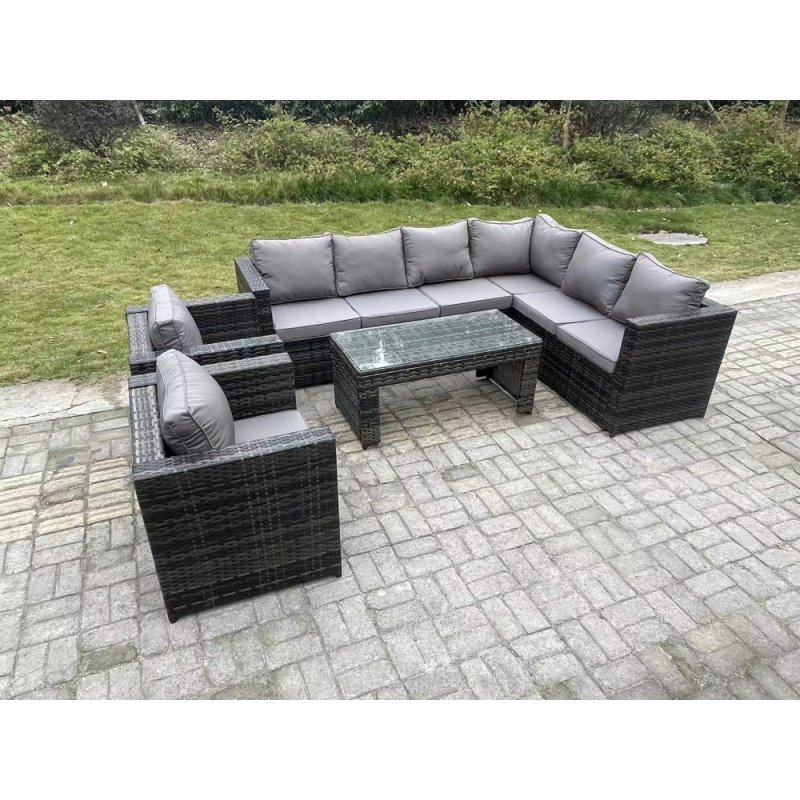 Fimous 8 Seater Rattan Corner Sofa Lounge Sofa Set With Rectangular Coffee Table 2 Arm Chair Dark Grey Mixed Right Hand
