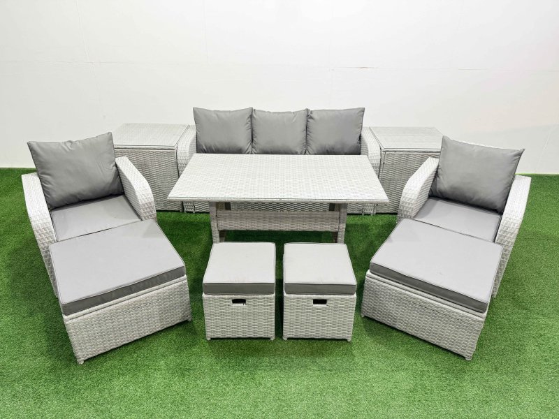 Fimous PE Rattan Lounge Sofa Set 9 Seater Outdoor Garden Furniture Set with Dining Table 3 Seater Sofa 2 Big Footstools 2 Side Tables Light Grey