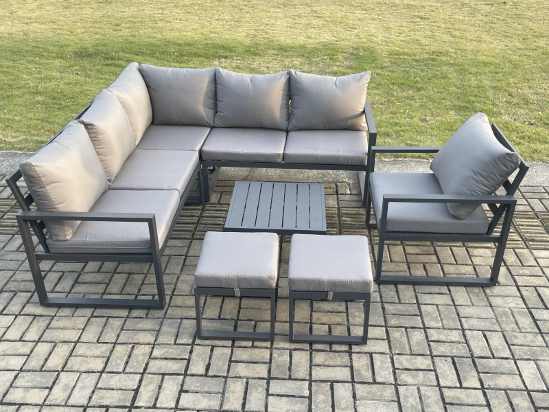 Fimous Outdoor Garden Furniture Set Aluminium Lounge Sofa Square Coffee Table Sets with Chair 2 Small Footstools Indoor Conservatory Set Dark Grey