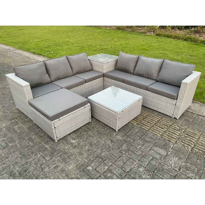 Fimous 7 Seater PE Wicker Light Grey Rattan Garden Corner Furniture Sofa Sets Outdoor Patio Furniture Big Footstool Coffee Table