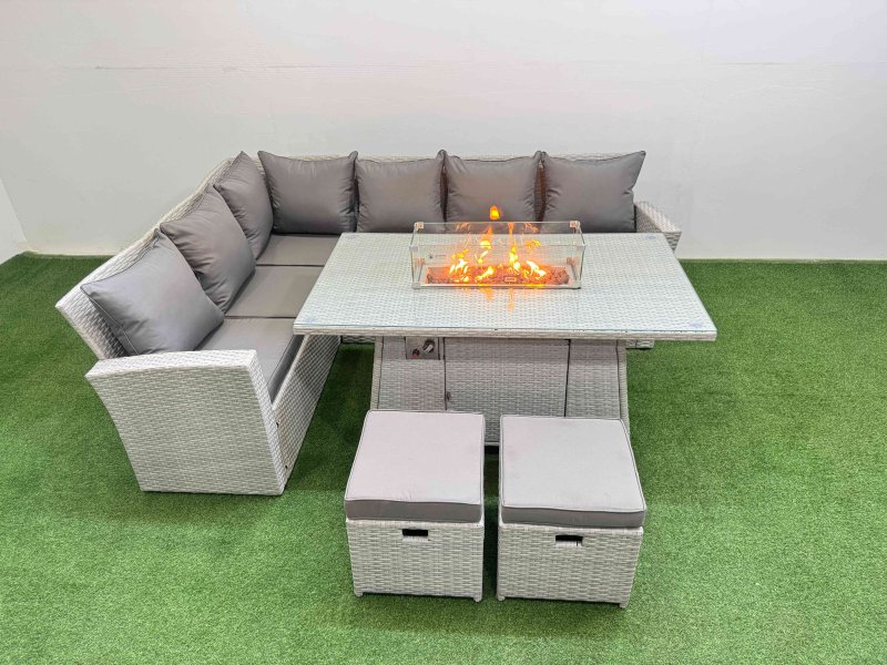 Fimous 8 Seat Rattan Garden Furniture Corner Sofa Set Outdoor Gas Fire Pit Table Sets with 2 Small Footstools Light Grey