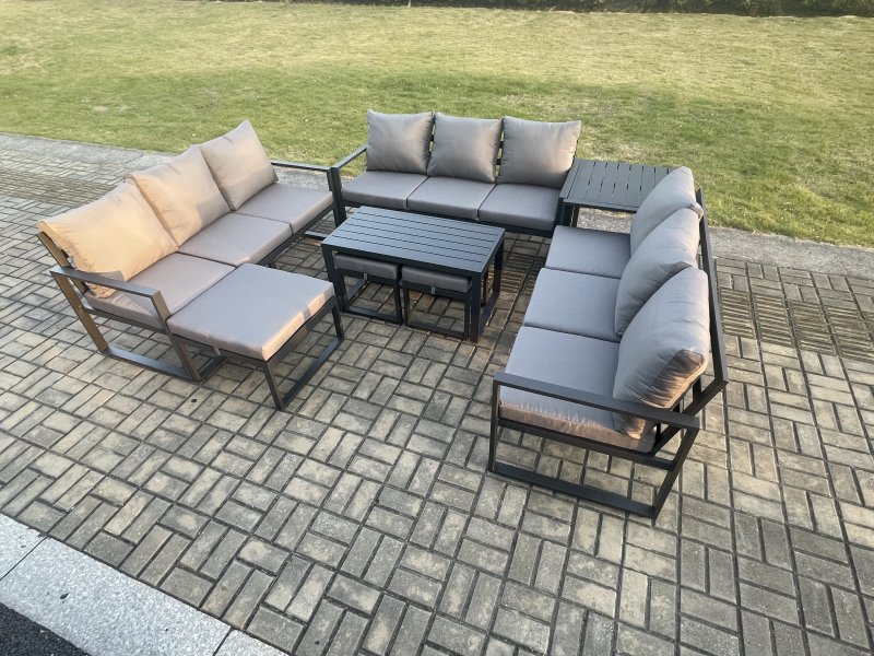 Fimous Aluminium Outdoor Garden Furniture Set Lounge Sofa Oblong Coffee Table 3 Footstools Side Table Sets with Cushions Dark Grey 12 Seater