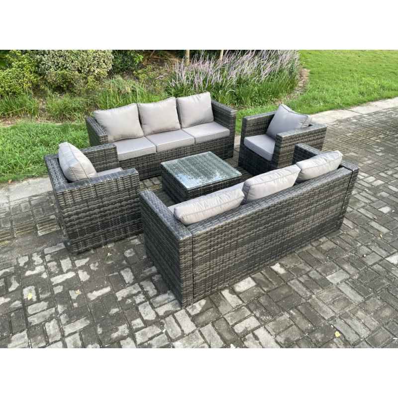 Fimous Rattan Garden Furniture Set 8 Seater Patio Outdoor Lounge Sofa Set with 2 Armchairs Square Coffee Table Dark Grey Mixed