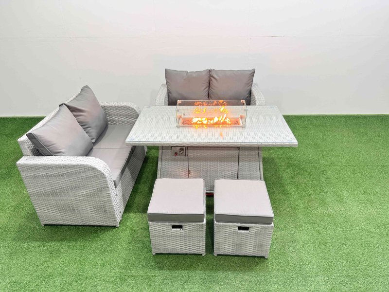 Fimous 6 Seater Outdoor Love Sofa Set Rattan Garden Furniture Set with Firepit Dining Table 2 Small Stools Light Grey