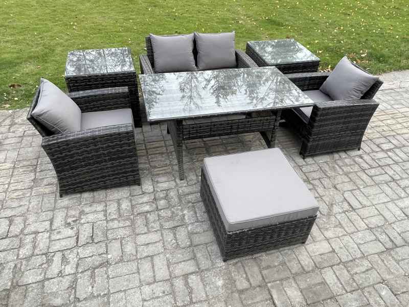 Fimous 5 Seater PE Wicker Outdoor Garden Furniture Set Patio Furniture Rattan Rectangular Dining Table Lounge Sofa with 2 Side Tables Big Footstool