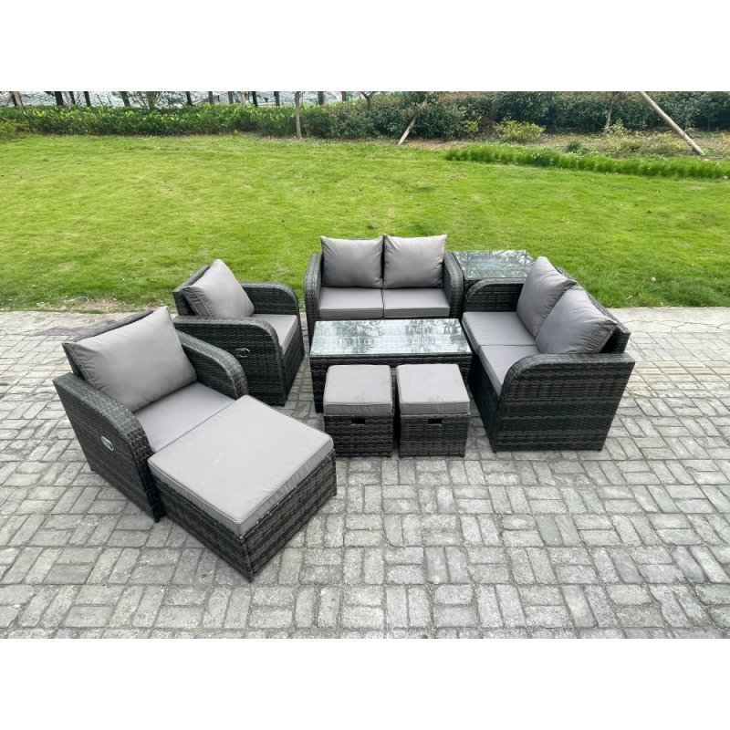 Fimous 9 Seater Rattan Garden Furniture Set Outdoor Patio Sofa, Table and Chairs Coffee Table 3 Footstools Ideal for Pool Side, Balcony, Outdoor and indoor Conservatory Patio Set