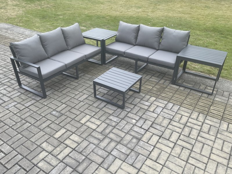 Fimous Aluminium 5 Pieces Garden Furniture Sofa Set with Cushions 6 Seater Outdoor Patio Set with Square Coffee Table 2 Side Tables Dark Grey