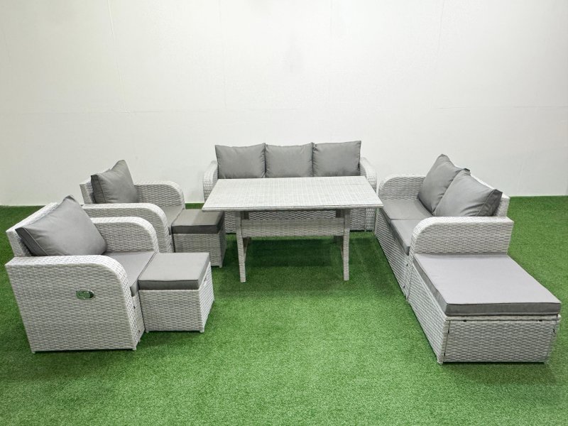 Fimous PE Rattan Garden Furniture Set Reclining Chair Sofa Double Love Seat 2 Seater Sofa Lounge Set Rectangular Dining Table 3 Stools Light Grey
