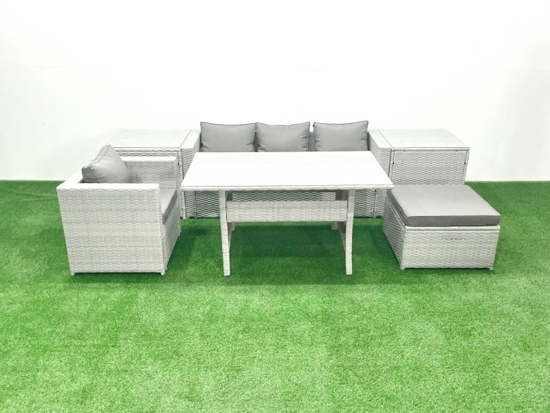 Fimous Rattan Garden Furniture Dining Set 5 Seater Lounge Sofa Chair Dining Table Set with Big Footstool Light Grey Mixed