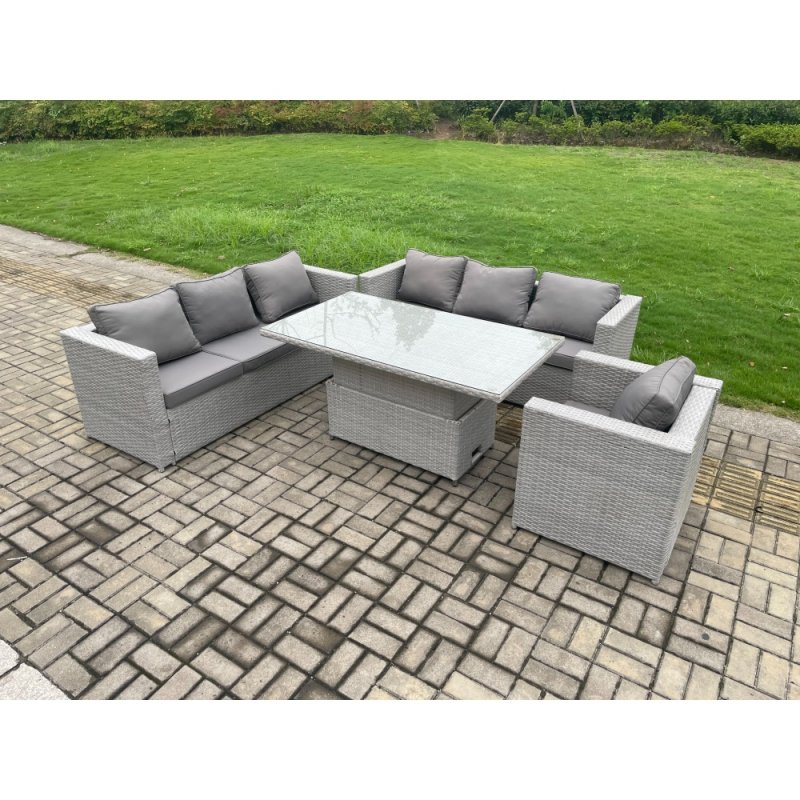 Fimous Outdoor PE Rattan Garden Funiture Set Height Adjustable Rising Lifting Table Sofa Dining Set with Armchair