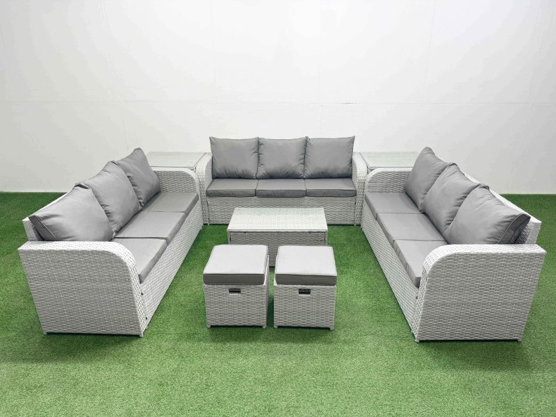 Fimous PE Rattan Lounge Sofa Set 11 Seater Outdoor Garden Furniture Set with Rectangular Coffee Table 3 Seater Sofa 2 Stools 2 Side Table Light Grey