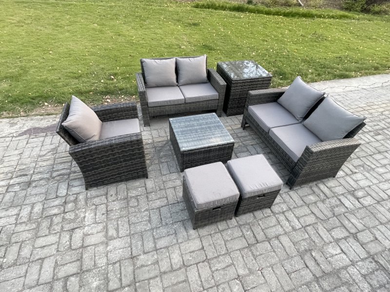 Fimous Outdoor Rattan Garden Furniture Set Conservatory Patio Sofa Coffee Table Set with Chair Side Table 2 Small Footstools Dark Grey Mixed