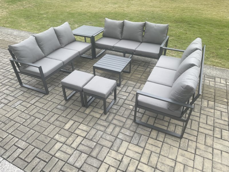 Fimous Aluminium 11 Seater Outdoor Garden Furniture Set Patio Lounge Sofa with Square Coffee Table Side Table 2 Small Footstools Conservatory Set Dark Grey
