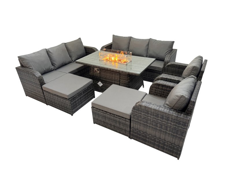 Fimous Garden Outdoor Rattan Furniture Set Rattan Reclining Chair 3 Seater Sofa with 2 Big Stools 2 Side Tables Dark Grey Mixed
