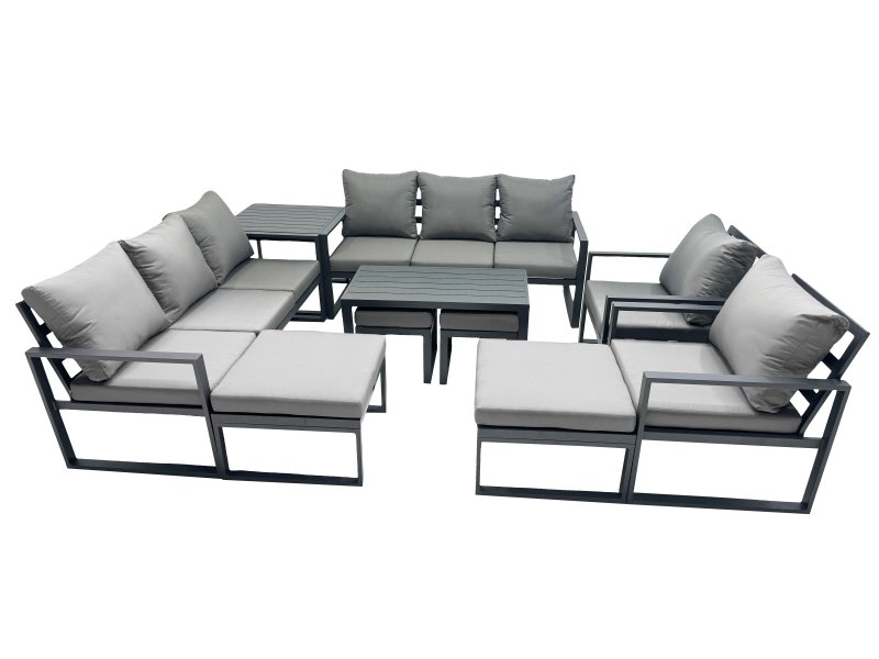 Fimous Outdoor Garden Furniture Set Aluminium Lounge 3 Seat Sofa Oblong Coffee Table Sets with 2 Chairs 4 Stools Side Table Dark Grey