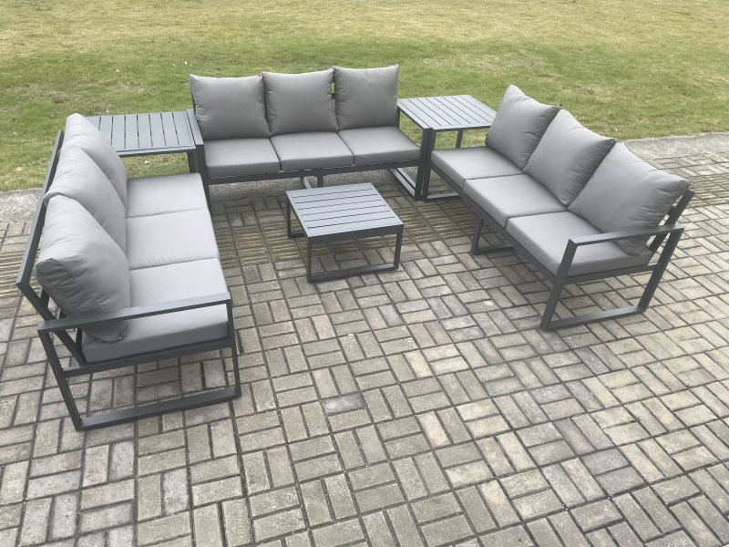 Fimous Aluminium 9 Seater Outdoor Garden Furniture Set Patio Lounge Sofa with Square Coffee Table 2 Side Tables Conservatory Set Dark Grey