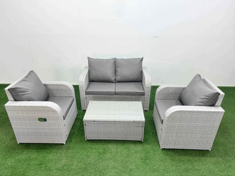 Fimous Light Grey PE Wicker Rattan Garden Furniture Set Sofa Set Reclining Adjustable Chair Rectangular Coffee Table 4 Seater