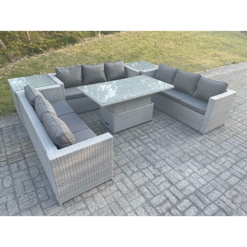 Fimous U Shape Lounge Rattan Garden Furniture Set Adjustable Rising Lifting Table Dining Set With 2 PC Side Coffee Tea Table Stool