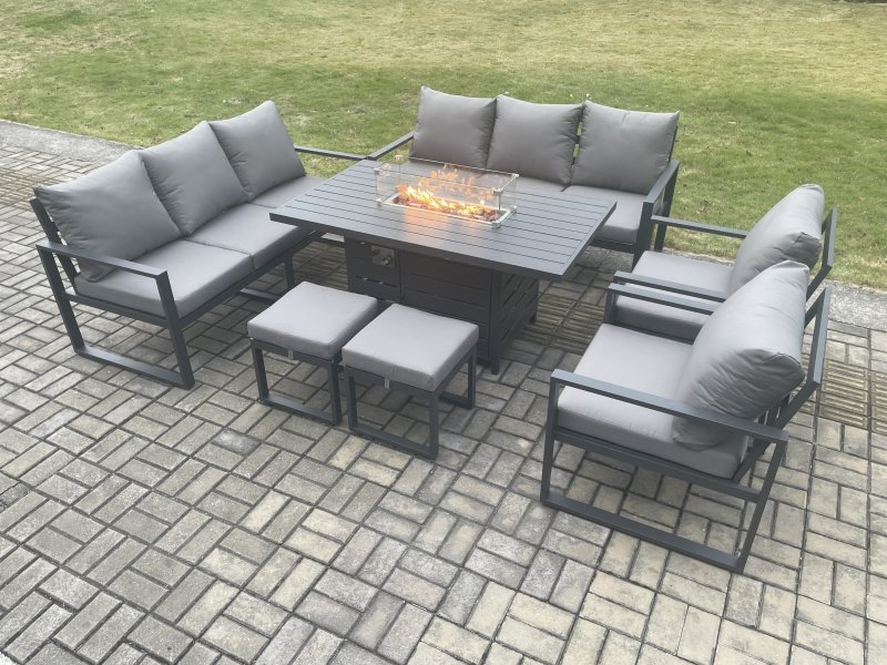 Fimous Aluminium Outdoor Garden Furniture Set Patio Lounge Sofa Gas Fire Pit Dining Table Set with 2 Small Footstools Dark Grey