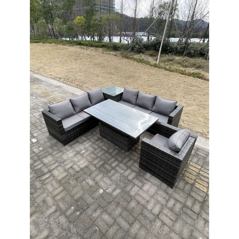 Fimous 7 Seater PE Rattan Corner Sofa Set Garden Furniture Rising Adjustable Dining Table Set High Side Coffee Table With Arm Chair