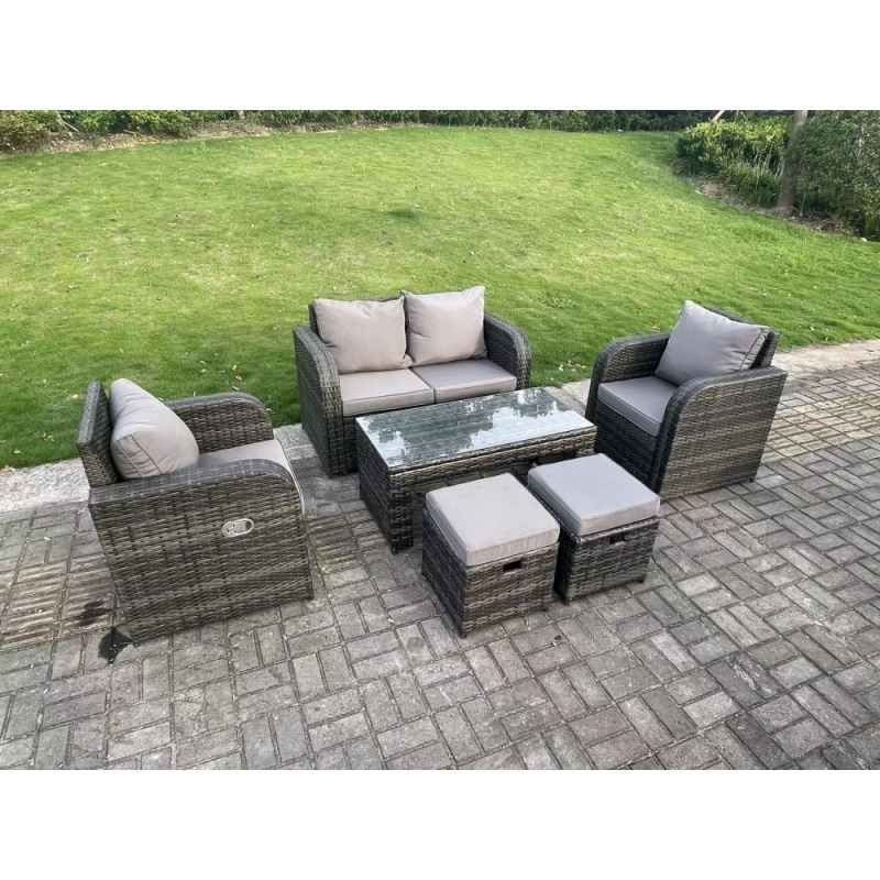 Fimous Dark Grey PE Wicker Rattan Garden Furniture Set Love Sofa Reclining Chair Outdoor Rectangular Coffee Table Stools 6 Seater
