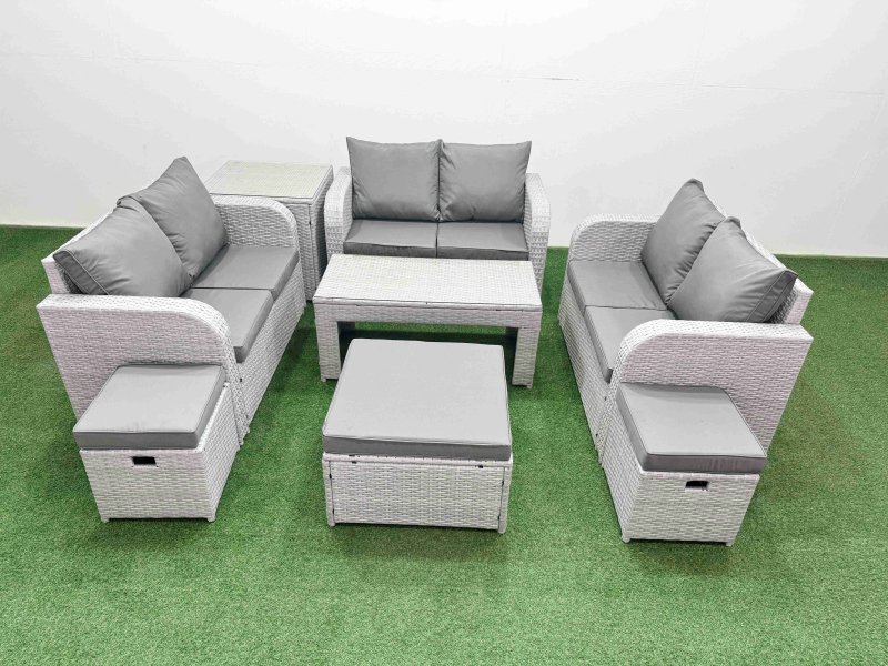 Fimous 9 Seater PE Wicker Rattan Furniture Sofa Sets with Oblong Coffee Table 2 Seater Love Sofa 3 Stool Side Table Light Grey