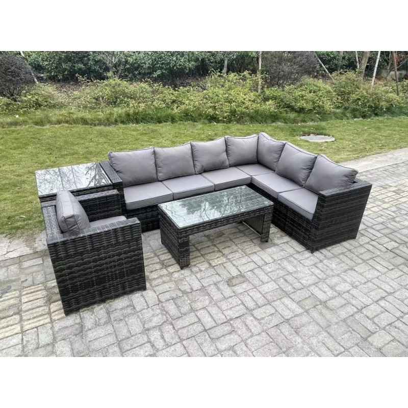Fimous 7 Seater Rattan Corner Sofa Lounge Sofa Set With Rectangular Coffee Table With Arm Chair And Side Table Dark Grey Mixed Right Hand