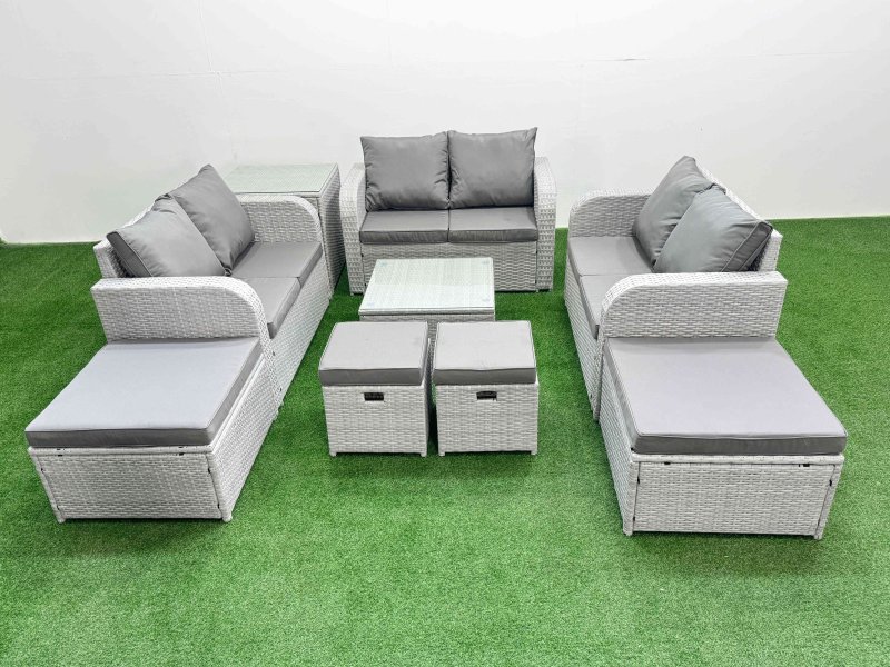 Fimous Outdoor Garden Furniture Set PE Rattan Love Sofa Set with Coffee Table 4 Footstools Side Table Light Grey
