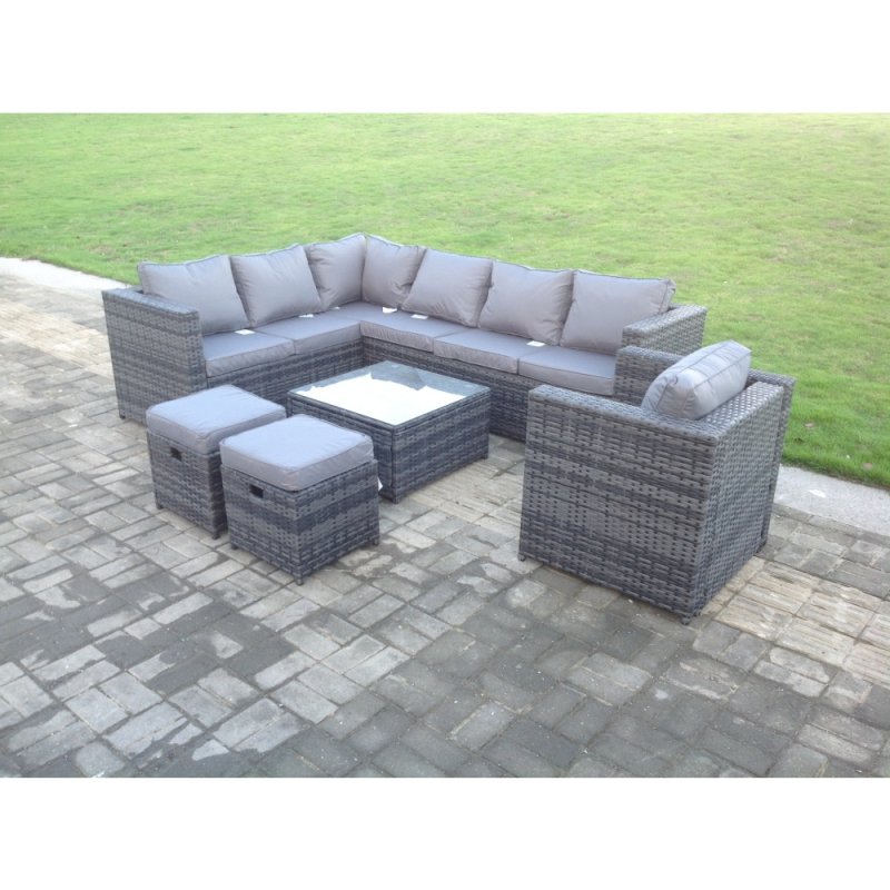 Fimous Dark Grey Mixed Rattan Garden Furniture Corner Sofa Set Square Coffee Table Chair Footstools Left Hand Option