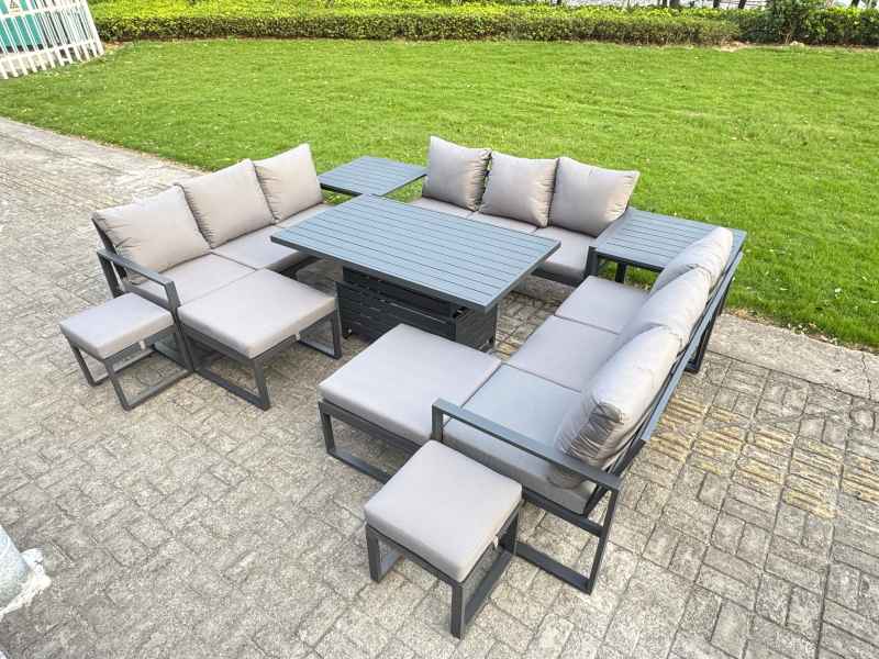 Fimous Aluminum Outdoor Patio Furniture Set Modern Patio Conversation Sets with Adjustable Rising Lifting Dining Table 4 Footstool Side Table Dark Grey