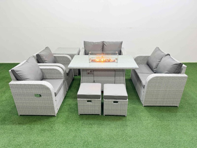 Fimous 8 Seater Outdoor Reclining Chair Love Sofa Set Rattan Garden Furniture Set with Firepit Dining Table 2 Stools Side Table Light Grey