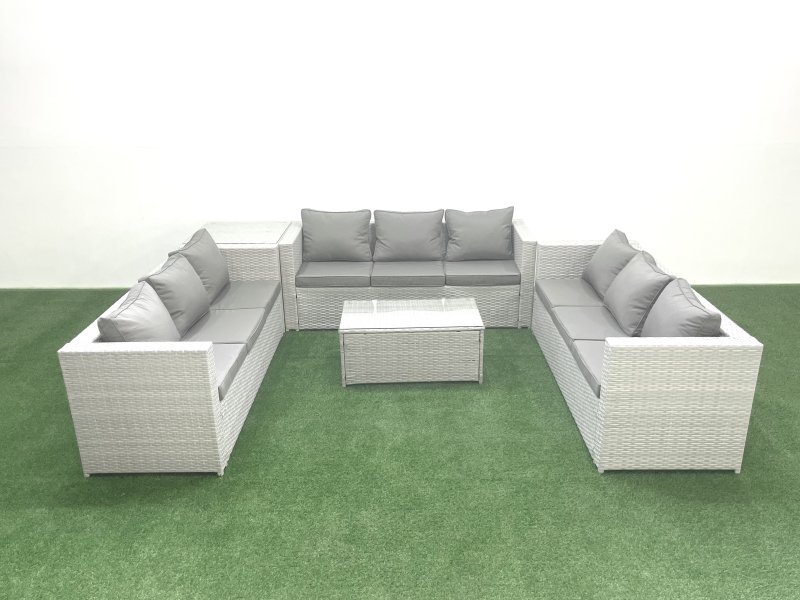 Fimous Rattan Garden Outdoor Furniture Set 9 Seater Garden Sofa Coffee Table Set with Side Table Light Grey Mixed