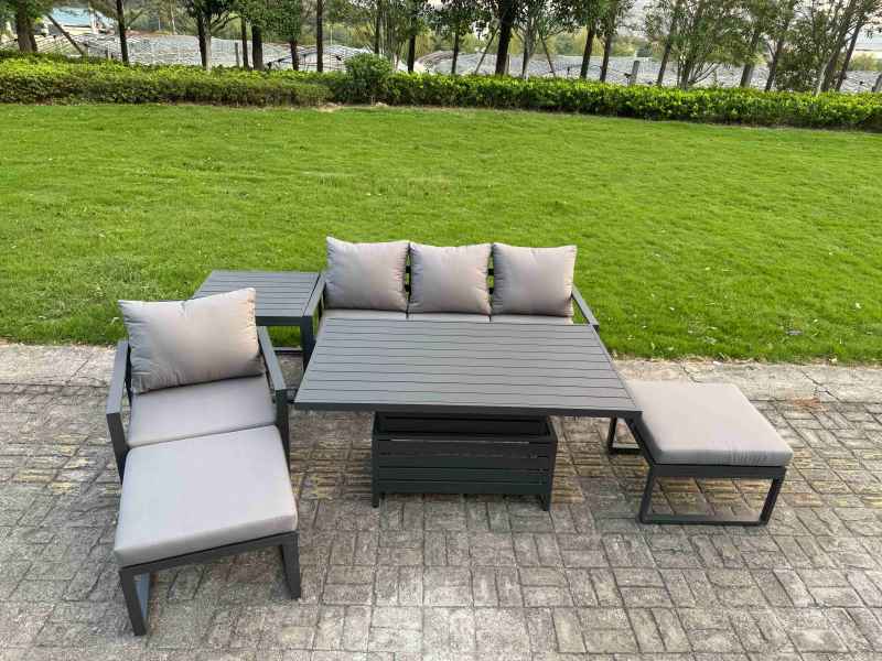 Fimous 5-Piece Aluminium Garden Furniture Sets 6 Seater Outdoor Conversational Dining Set with Adjustable Rising Lifting Dining Table