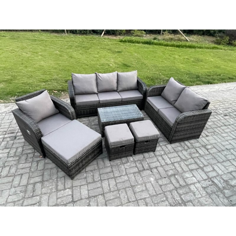 Fimous Outdoor Garden Furniture Sets 7 Pieces Wicker Rattan Furniture Sofa Sets with Rectangular Coffee Table Loveseat Sofa 3 Footstools